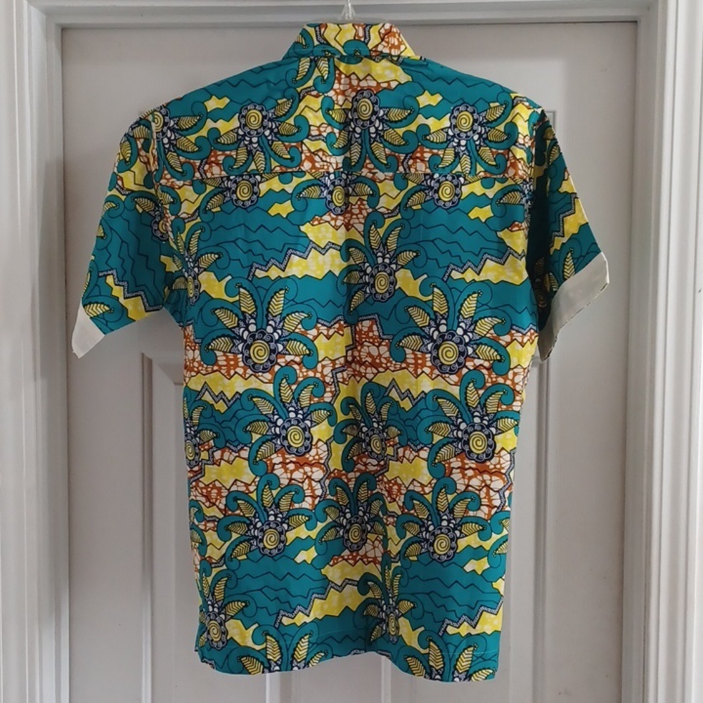 Ankara Short-Sleeve Turquoise & Yellow Print Pullover Slim-Fit Shirt, L - Picture 5 of 5